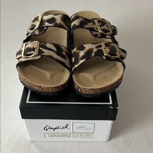 Qupid Brown and Gold Sandals with Metallic Buckles